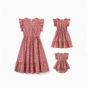 All Over Dots Pink Cross Wrap V Neck Ruffle Flutter-sleeve Dress for Mom and Me